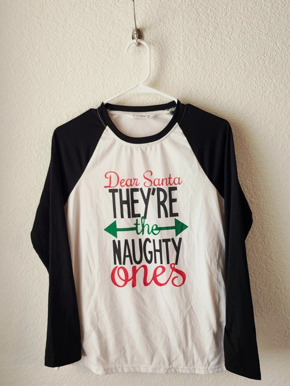 PatPat Women’s Long Sleeve Tee with Black Collar and Red Santa Logo